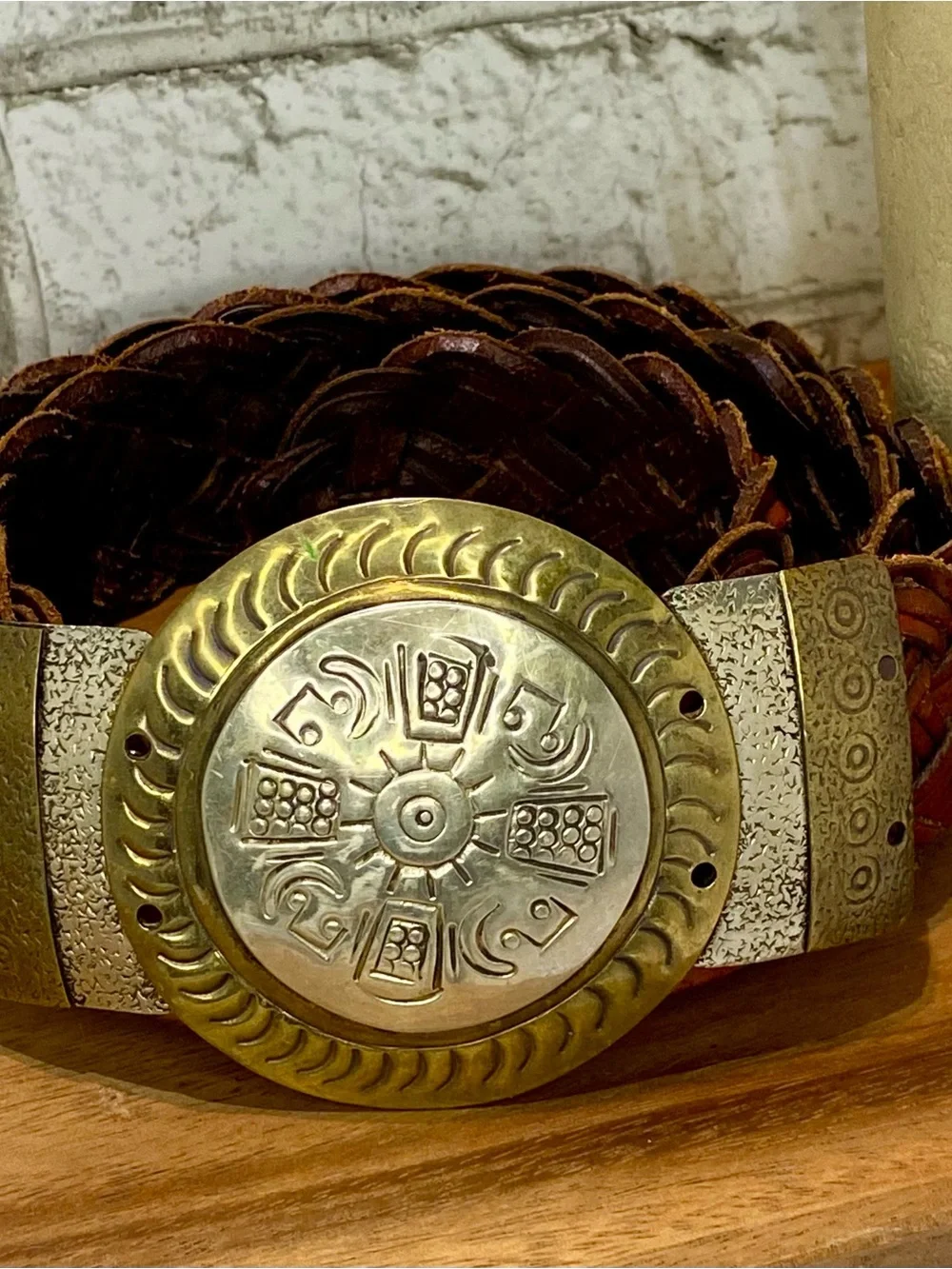 CHICO’S M/L Braided Brown Leather Belt with Ornate Brass Medallion